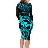 Hawaii Family Matching Long Sleeve Bodycon Dress and Hawaiian Shirt King Kamehameha Mix Polynesian Plumeria Turquoise Version LT14 - Polynesian Pride