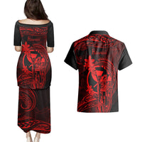 Hawaii Couples Matching Puletasi Dress and Hawaiian Shirt King Kamehameha Mix Polynesian Plumeria Red Version LT14 - Polynesian Pride