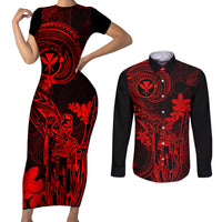 Hawaii Couples Matching Short Sleeve Bodycon Dress and Long Sleeve Button Shirts King Kamehameha Mix Polynesian Plumeria Red Version LT14 Red - Polynesian Pride