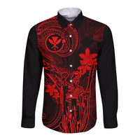 Hawaii Long Sleeve Button Shirt King Kamehameha Mix Polynesian Plumeria Red Version LT14 Unisex Red - Polynesian Pride