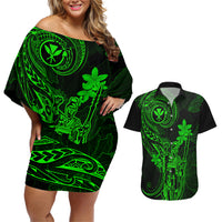 Hawaii Couples Matching Off Shoulder Short Dress and Hawaiian Shirt King Kamehameha Mix Polynesian Plumeria Green Version LT14 Green - Polynesian Pride