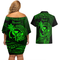 Hawaii Couples Matching Off Shoulder Short Dress and Hawaiian Shirt King Kamehameha Mix Polynesian Plumeria Green Version LT14 - Polynesian Pride