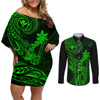 Hawaii Couples Matching Off Shoulder Short Dress and Long Sleeve Button Shirts King Kamehameha Mix Polynesian Plumeria Green Version LT14 Green - Polynesian Pride