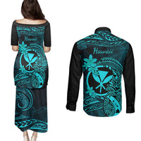 Hawaii Couples Matching Puletasi Dress and Long Sleeve Button Shirts Pineapple Mix Polynesian Plumeria Turquoise Version LT14 - Polynesian Pride