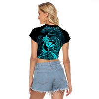 Hawaii Raglan Cropped T Shirt Pineapple Mix Polynesian Plumeria Turquoise Version LT14 - Polynesian Pride