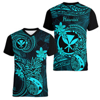Hawaii Women V Neck T Shirt Pineapple Mix Polynesian Plumeria Turquoise Version LT14 - Polynesian Pride