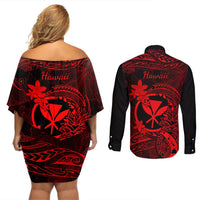 Hawaii Couples Matching Off Shoulder Short Dress and Long Sleeve Button Shirts Pineapple Mix Polynesian Plumeria Red Version LT14 - Polynesian Pride
