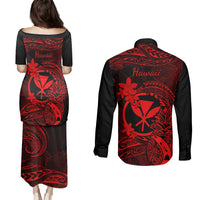 Hawaii Couples Matching Puletasi Dress and Long Sleeve Button Shirts Pineapple Mix Polynesian Plumeria Red Version LT14 - Polynesian Pride