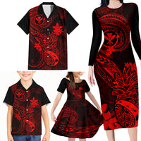 hawaii-family-matching-long-sleeve-bodycon-dress-and-hawaiian-shirt-pineapple-mix-polynesian-plumeria-red-version