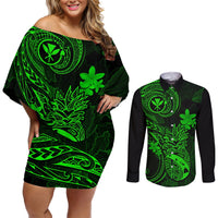 Hawaii Couples Matching Off Shoulder Short Dress and Long Sleeve Button Shirts Pineapple Mix Polynesian Plumeria Green Version LT14 Green - Polynesian Pride