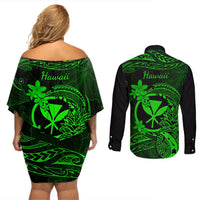 Hawaii Couples Matching Off Shoulder Short Dress and Long Sleeve Button Shirts Pineapple Mix Polynesian Plumeria Green Version LT14 - Polynesian Pride