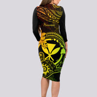 hawaii-long-sleeve-bodycon-dress-shaka-tattoo-mix-polynesian-plumeria-reggae-version