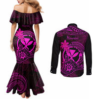 Hawaii Couples Matching Mermaid Dress and Long Sleeve Button Shirts Shaka Tattoo Mix Polynesian Plumeria Pink Version LT14 - Polynesian Pride