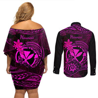 hawaii-couples-matching-off-shoulder-short-dress-and-long-sleeve-button-shirts-shaka-tattoo-mix-polynesian-plumeria-pink-version