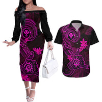 hawaii-couples-matching-off-the-shoulder-long-sleeve-dress-and-hawaiian-shirt-shaka-tattoo-mix-polynesian-plumeria-pink-version