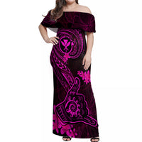 Hawaii Off Shoulder Maxi Dress Shaka Tattoo Mix Polynesian Plumeria Pink Version LT14 Women Pink - Polynesian Pride
