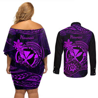 Hawaii Couples Matching Off Shoulder Short Dress and Long Sleeve Button Shirts Shaka Tattoo Mix Polynesian Plumeria Purple Version LT14 - Polynesian Pride