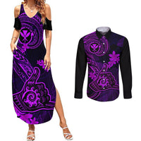Hawaii Couples Matching Summer Maxi Dress and Long Sleeve Button Shirts Shaka Tattoo Mix Polynesian Plumeria Purple Version LT14 Purple - Polynesian Pride
