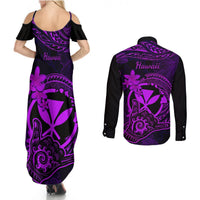 Hawaii Couples Matching Summer Maxi Dress and Long Sleeve Button Shirts Shaka Tattoo Mix Polynesian Plumeria Purple Version LT14 - Polynesian Pride