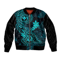 Hawaii Bomber Jacket Shaka Tattoo Mix Polynesian Plumeria Turquoise Version LT14 Unisex Turquoise - Polynesian Pride