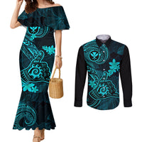 Hawaii Couples Matching Mermaid Dress and Long Sleeve Button Shirts Shaka Tattoo Mix Polynesian Plumeria Turquoise Version LT14 Turquoise - Polynesian Pride