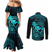 Hawaii Couples Matching Mermaid Dress and Long Sleeve Button Shirts Shaka Tattoo Mix Polynesian Plumeria Turquoise Version LT14 - Polynesian Pride