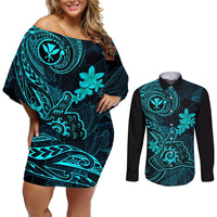 Hawaii Couples Matching Off Shoulder Short Dress and Long Sleeve Button Shirts Shaka Tattoo Mix Polynesian Plumeria Turquoise Version LT14 Turquoise - Polynesian Pride