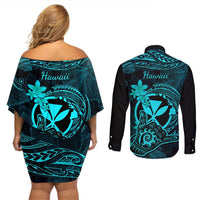 Hawaii Couples Matching Off Shoulder Short Dress and Long Sleeve Button Shirts Shaka Tattoo Mix Polynesian Plumeria Turquoise Version LT14 - Polynesian Pride