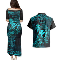 hawaii-couples-matching-puletasi-dress-and-hawaiian-shirt-shaka-tattoo-mix-polynesian-plumeria-turquoise-version