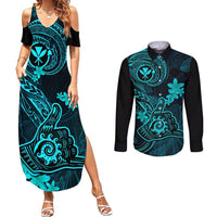 Hawaii Couples Matching Summer Maxi Dress and Long Sleeve Button Shirts Shaka Tattoo Mix Polynesian Plumeria Turquoise Version LT14 Turquoise - Polynesian Pride