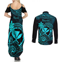 Hawaii Couples Matching Summer Maxi Dress and Long Sleeve Button Shirts Shaka Tattoo Mix Polynesian Plumeria Turquoise Version LT14 - Polynesian Pride