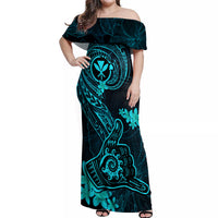Hawaii Off Shoulder Maxi Dress Shaka Tattoo Mix Polynesian Plumeria Turquoise Version LT14 Women Turquoise - Polynesian Pride