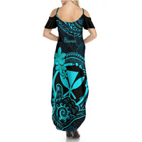 Hawaii Summer Maxi Dress Shaka Tattoo Mix Polynesian Plumeria Turquoise Version LT14 - Polynesian Pride