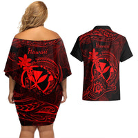 hawaii-couples-matching-off-shoulder-short-dress-and-hawaiian-shirt-shaka-tattoo-mix-polynesian-plumeria-red-version