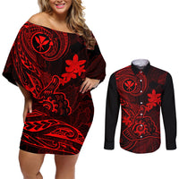 Hawaii Couples Matching Off Shoulder Short Dress and Long Sleeve Button Shirts Shaka Tattoo Mix Polynesian Plumeria Red Version LT14 Red - Polynesian Pride