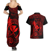 Hawaii Couples Matching Summer Maxi Dress and Hawaiian Shirt Shaka Tattoo Mix Polynesian Plumeria Red Version LT14 - Polynesian Pride