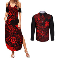 Hawaii Couples Matching Summer Maxi Dress and Long Sleeve Button Shirts Shaka Tattoo Mix Polynesian Plumeria Red Version LT14 Red - Polynesian Pride