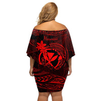 Hawaii Off Shoulder Short Dress Shaka Tattoo Mix Polynesian Plumeria Red Version LT14 - Polynesian Pride
