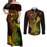 Hawaii Couples Matching Off Shoulder Maxi Dress and Long Sleeve Button Shirts Hammerhead Shark Tattoo Mix Polynesian Plumeria Reggae Version LT14 Reggae - Polynesian Pride