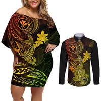Hawaii Couples Matching Off Shoulder Short Dress and Long Sleeve Button Shirts Hammerhead Shark Tattoo Mix Polynesian Plumeria Reggae Version LT14 Reggae - Polynesian Pride