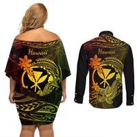 Hawaii Couples Matching Off Shoulder Short Dress and Long Sleeve Button Shirts Hammerhead Shark Tattoo Mix Polynesian Plumeria Reggae Version LT14 - Polynesian Pride