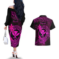 hawaii-couples-matching-off-the-shoulder-long-sleeve-dress-and-hawaiian-shirt-hammerhead-shark-tattoo-mix-polynesian-plumeria-pink-version