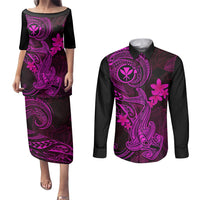 Hawaii Couples Matching Puletasi Dress and Long Sleeve Button Shirts Hammerhead Shark Tattoo Mix Polynesian Plumeria Pink Version LT14 Pink - Polynesian Pride