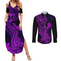 Hawaii Couples Matching Summer Maxi Dress and Long Sleeve Button Shirts Hammerhead Shark Tattoo Mix Polynesian Plumeria Purple Version LT14 Purple - Polynesian Pride