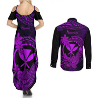 Hawaii Couples Matching Summer Maxi Dress and Long Sleeve Button Shirts Hammerhead Shark Tattoo Mix Polynesian Plumeria Purple Version LT14 - Polynesian Pride