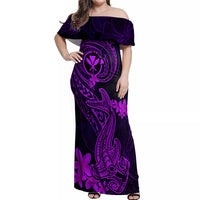 Hawaii Off Shoulder Maxi Dress Hammerhead Shark Tattoo Mix Polynesian Plumeria Purple Version LT14 Women Purple - Polynesian Pride