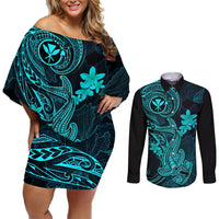 Hawaii Couples Matching Off Shoulder Short Dress and Long Sleeve Button Shirts Hammerhead Shark Tattoo Mix Polynesian Plumeria Turquoise Version LT14 Turquoise - Polynesian Pride