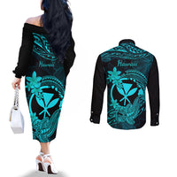 Hawaii Couples Matching Off The Shoulder Long Sleeve Dress and Long Sleeve Button Shirts Hammerhead Shark Tattoo Mix Polynesian Plumeria Turquoise Version LT14 - Polynesian Pride