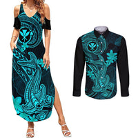 Hawaii Couples Matching Summer Maxi Dress and Long Sleeve Button Shirts Hammerhead Shark Tattoo Mix Polynesian Plumeria Turquoise Version LT14 Turquoise - Polynesian Pride