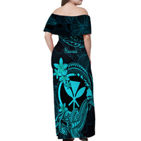 Hawaii Off Shoulder Maxi Dress Hammerhead Shark Tattoo Mix Polynesian Plumeria Turquoise Version LT14 - Polynesian Pride